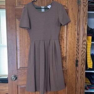 Lularoe Amelia striped Women's Dress. Olive green with pinkish red stripe.